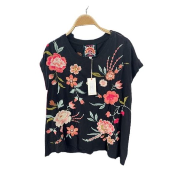Johnny Was Joya Relaxed Drape Tee Flowers Black Shirt Floral Embroidery Top New - Picture 6 of 8